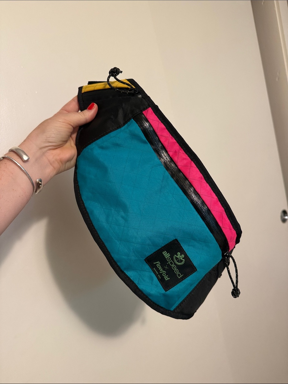 Flowfold x allspeed Portland bike shop Teal and Pink Lightweight Sling belt Bag